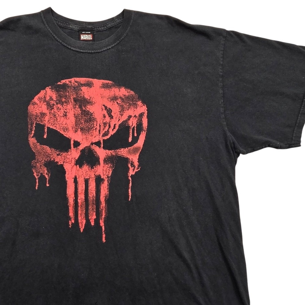 Y2K Marvel Punisher Red Skull Drip Graphic T-Shirt Mad Engine Black Mens Large